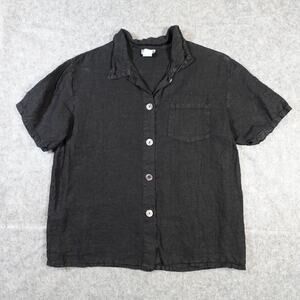 Match Point Top Womens Small Linen Lagenlook Beachy Button Front Black Shirt